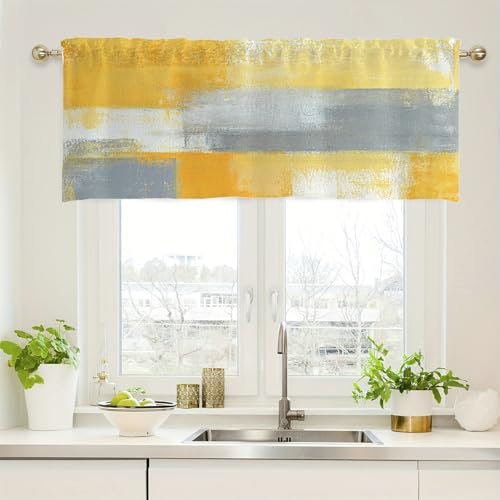 Lirzxin Bistrogardine, Moderne Scheibengardinen Blickdicht Kurz Gardine Abstrakt Geometrisch Quadrat Muster Polyester Fensterschal für Wohnzimmer Bad Landhaus, 152x45CM, Gelb Grau, 1 Stück