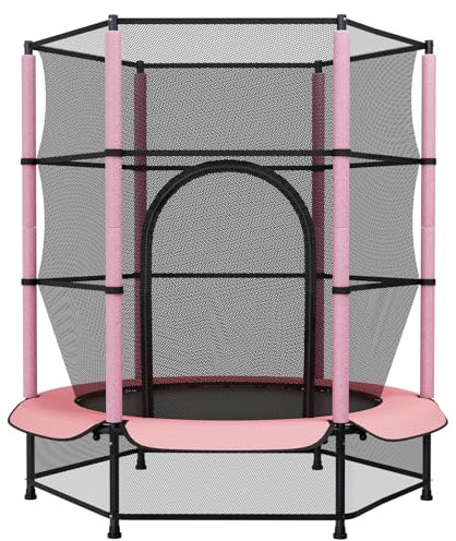 Trampolin für Kinder, Trampolin Outdoor Ø140cm, Sprungmatte Indoor mit Sicherheitsnetz, Gartentrampolin für Training & Unterhaltung, bis 50 kg, Spielzeug Geschenk für Kinder, Rosa
