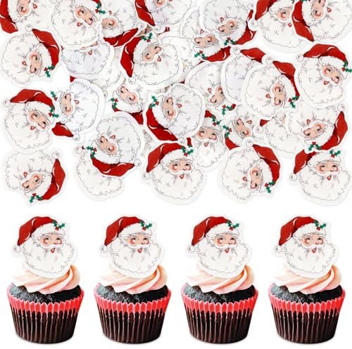 Blumomon 40Pcs Edible Santa Claus Cupcake Toppers Edible Merry Christmas Cake Decorations Selected Christmas Cupcake Decorations Party Holiday Supplies
