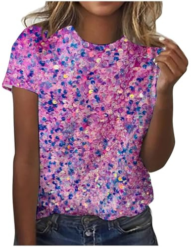 Générique Femme T-Shirt Manche Courte Paillette Top Paillettes Chemise Femme Paillettes Déguisement Resille Style Annee 80 Tee Shirt des Annees 80 Rose L