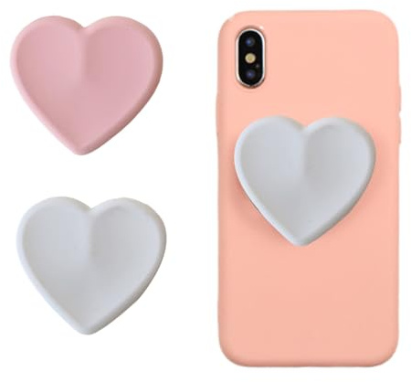 Set of 2 Universal Heart-Shaped Phone Grip Holder with Stand,Finger Grip with Kickstand - Compatible with Smartphones, Mobiles & Cases (white,pink)