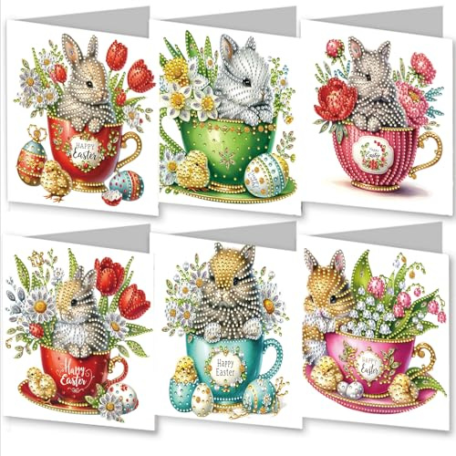 WOWDECOR Diamond Art Greeting Cards Kit Easter Egg Bunny Flowers Teacup, Pack of 6 DIY Diamond Painting Cards Sets, 5D Diamond Art Happy Easter Cards with Envelopes, Postcards for Handmade