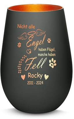 Gravur-Max Haustier Trauerlicht mit Gravur Nicht alle Engel haben Flügel, Manche haben Fell mit Wunschname und Pfote mit Einer hochwertigen Lasergravur in der Farbe Schwarz/Bronze