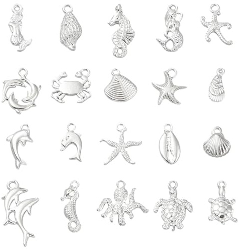 SUNNYCLUE 1 caja de 100 dijes de Criaturas Marinas de 20 estilos Dijes de Vida Marina Dijes de Conchas Tibetanas de Verano Tortugas Colgantes de Plata Del Océano para Hacer Joyas Suministros para Manu
