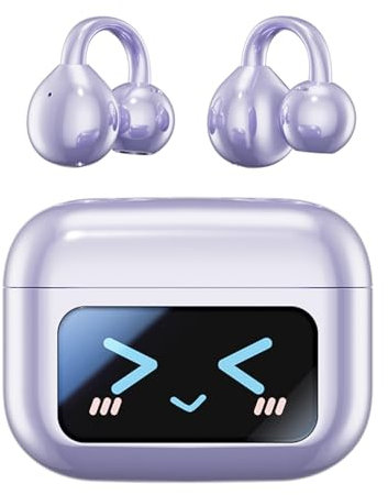 Open Ear Earbuds Wireless Bluetooth Clip on Earphones Outer Ear Headphones with Touch Screen ENC Noise Cancelling Air Bone Conduction Purple Ear Buds for iPhone Android Sports Running Driving Workout