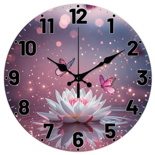 CHGCRAFT Lotus Muster Wanduhr 12 Zoll Nicht Tickende Uhren Schmetterlings Sternchen Muster Runde Wanduhr Batteriebetrieben für Schlafzimmer Wohnzimmer Küche Büro