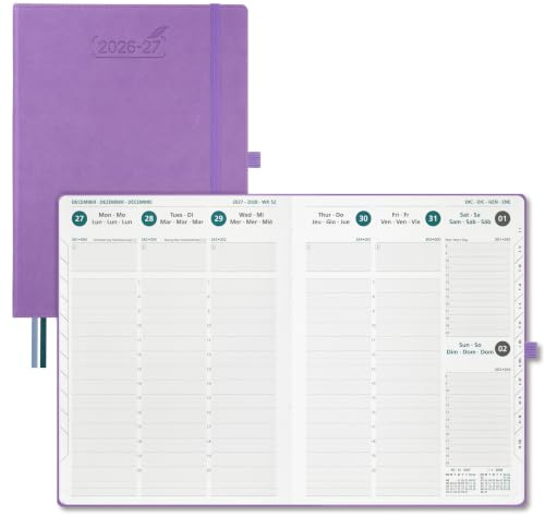 BEZEND Kalender 2026 2027 Buchkalender 1 Woche 2 Seiten A4 (28,5 x 22 cm) | 18 Monate Kalender (Jul 26 - Dez 27), PU-Leder Hardcover, 80 GSM Papier, Lavendel