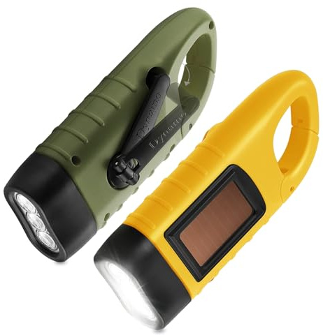 innislink Lot de 2 lampes de poche LED à énergie solaire, super lumineuses avec mousqueton, lampe de poche portable à manivelle pour camping, randonnée, plein air, équipement de survie