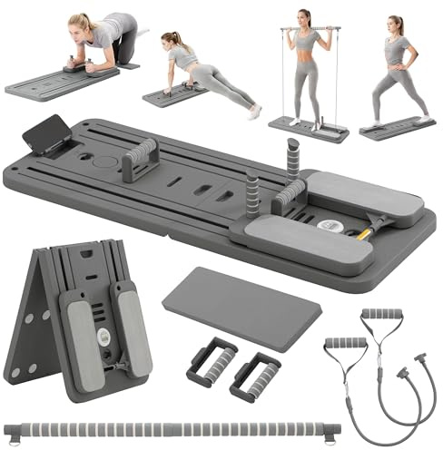 COSIEST Pilates Board for Home Use, Foldable Pilates Reformer Set with Resistance Bands, All-in-One Professional Workout Fitness Equipment for Core, Abs, Glutes, Legs, Butt, Arms Toning (Dark Grey)