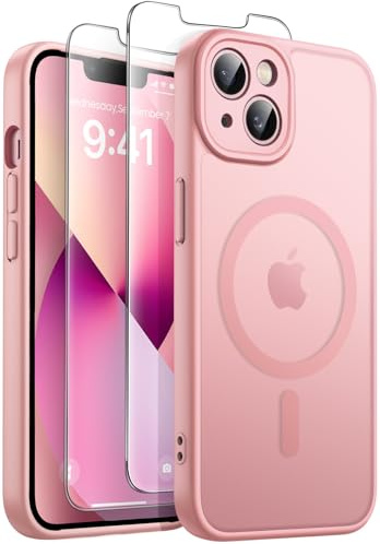FLLAO Magnétique Coque pour iPhone 13 avec 2 Verres Trempés, Rose | Compatible avec Mag Safe, Coque Mat Translucide Fine Antichoc, PC Dur Housse Arrière Anti-Rayures + TPU Bumper Antichoc