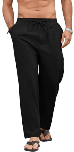 Vorvowry Pantaloni Lino Uomo Estivi in Misto Cotone e Lino Leggeri Traspiranti con Vita Elastica Cordino e Tasche Pantaloni Casual Lunghi Nero M