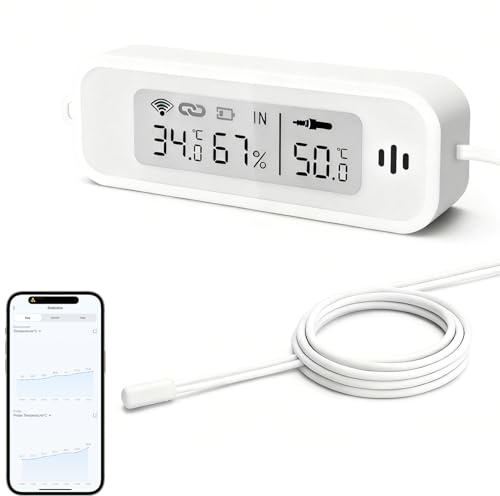 WIOONI WLAN Kühlschrankthermometer, Digital Temperatur und Luftfeuchtigkeitsmesser mit App, LCD-Display, Tuya/Smart Life Kompatibel, für Gewächshaus, Gefrierschränke, Aquarium