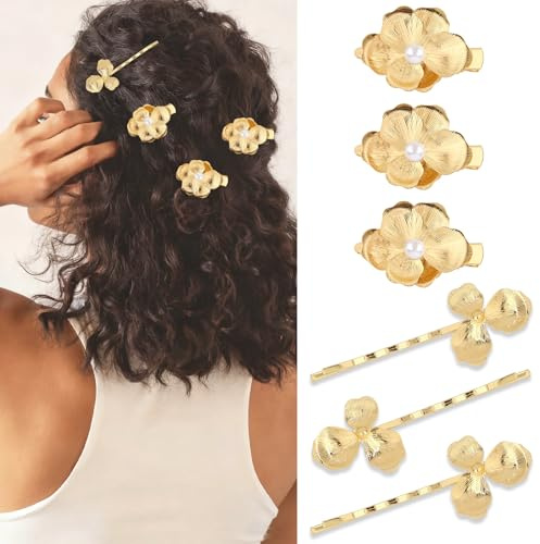 ANBALA 6Pcs Gold Flower Hair Clips Decorative Hair Clips & Bobby Pins with Pearl, Metal Retro Alligator Barrettes for Women Girls Gold Accessories for Women Girls