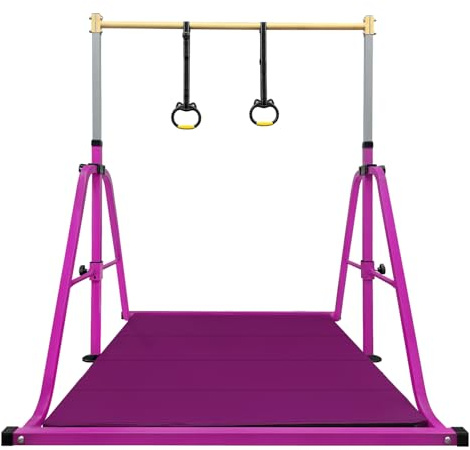 Peakpath Foldable Gymnastics Kip Bar with Mat and Ring Set,3' to 5' Height Adjustable,Kids Gymnastic Equipment for Ages 3-15,Indoor and Home Training- Max Load 350LBS
