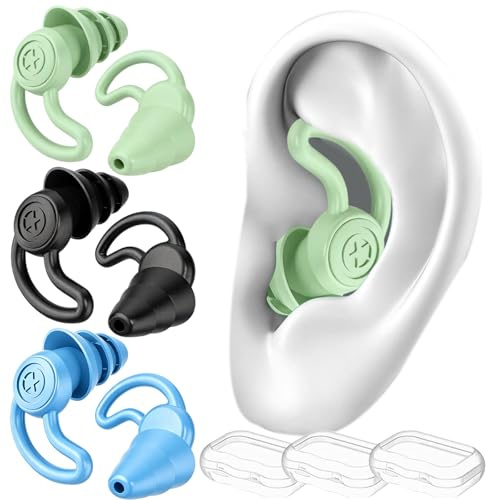 3 pares de tapones para los oídos para nadar y dormir, tapones de silicona impermeables reutilizables, protección contra ronquidos, trabajo y viajes, incluye 3 cajas de almacenamiento (negro+verde+