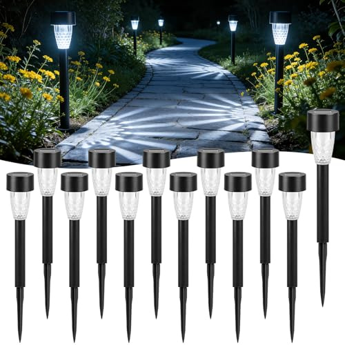 Aigostar Luces Solares LED Exterior Jardin, 12Uds, Blanco Frío 6500K, IP44 Impermeable, Luz Solar de Estaca para Decoracion Jardin, Patio, Terraza, Camino