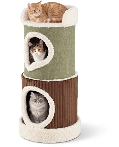 COSTWAY Kratztonne, Ø 41 cm, 85 cm hoch, Katzentonne mit 2 Katzenhöhlen, waschbarem Kissen & Liegefläche, Kratzbaum für kleine und mittelgroße Katzen bis 10 kg, Grün + Braun