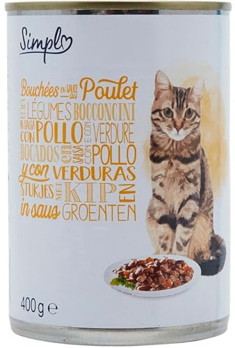 Repas Savoureux et Complet pour Chat Adulte — SIMPL Pâtée bouchées en Sauce Poulet et Légumes, boîte de 400g - Lot de 6