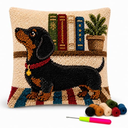 Velorin Dachshund Latch Hook Kits for Adults, Pre-Printed Latch Hook Cushion Kits, Complete Embroidery Craft Kit with Crochet Hook Yarn & Canvas, Beginner Friendly Boxed Gift for Home Decor 45x45cm