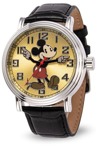 Disney Mickey Moving Hands Watch - Vintage Mickey Mouse Watch for Men - 90s Mouse Watches - Classic Men’s Toys - Timeless Design - Silver Case - Leather Strap