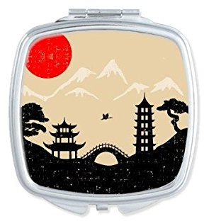 DIYthinker Japon Temple Noir Blanc Rouge Jaune Tower Bridge Architecture Pin Fuji Soleil Silhouette Point de repère Art Illustration Motif carré Maquillage Compact Miroir de Poche Portable Mignon PE