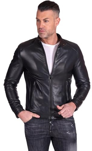 D'Arienzo Lederjacke Herren Echtleder schwarz Italienisch Biker Leder Lammleder Jacke Motorrad Ted schwarz/54