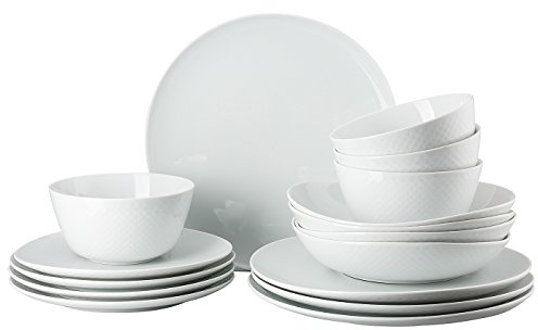 Rosenthal Junto White Set 16-tlg., Porzellan, Weiß, Flache Teller, Speiseteller Ø 22 cm, Tiefe Teller Ø 21,5 cm und Müslischalen Ø 14 cm, 0,62 l, Spülmaschinen- und Mikrowellenfest, Set für 4 Personen