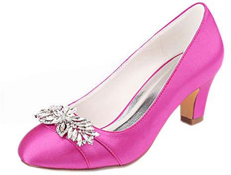 Emily Bridal Wedding Shoes Women's Silk Like Satin Chunky Heel Pumps with Crystal