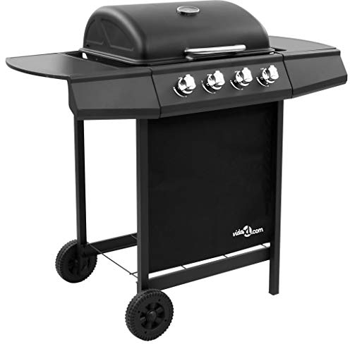 Festnight Griglia Barbecue a Gas con 4 Bruciatori 8 kW di Potenza Griglia in Acciaio e Piastra 2 Tavoli a Lato Carrello con Ruote 107,5 x 55 x 96,5 cm Colore Argento/Nera