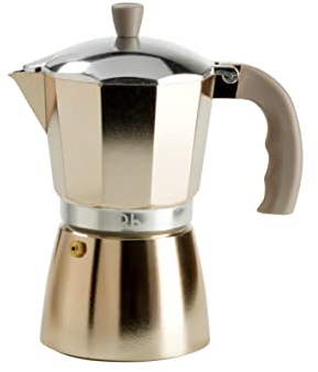 Q.b. FLUO DE by MOPITA, Cafetière 6 tasses en aluminium, Guranition en silicone, poignée anti-brûlure, pour tous les plans de coton, pas d'induction, Couleur Gold