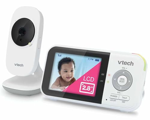 VTech VM819 Video babymonitor med 19 timmars batteritid 304,8 m automatisk mörkerseende skärm 7,1 cm ljud 2-vägs temperatursensor energisparläge och lullabes, vit