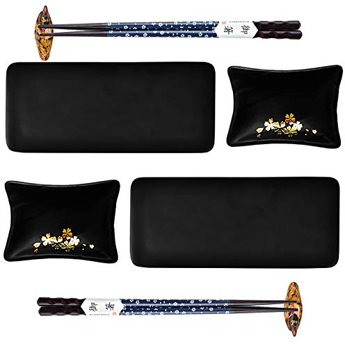 Artcome Juego de vajilla de cerámica de estilo japonés de 8 piezas con 2 platos de sushi, 2 platos de salsa, 2 pares de palillos, 2 soportes para palillos