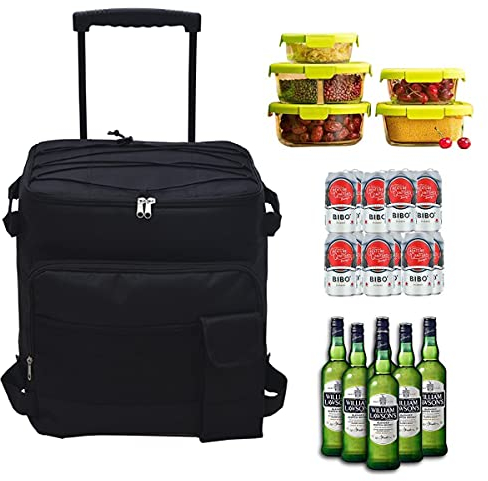 43L Kühltasche Gross Picknicktasche Faltbar Lunchtasche Mittagessen Tasche Thermotasche Isoliertasche mit Spurstangen und Rollen,für Campingtasche Picknick Outdoor Reisen Einkauf Auto (Schwarz)