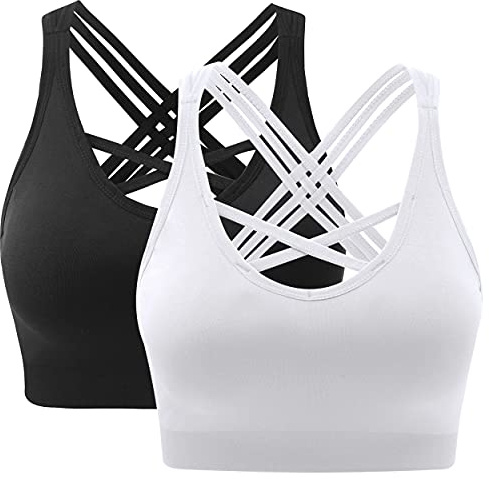 ANGOOL Damen Sport BH ohne Bügel Gepolstert Yoga Bra Kreuz Rücken Sport Bustier für Jogging Fitness, Schwarz+weiß, S
