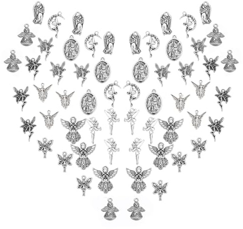 SUNNYCLUE 1 låda 60 st 10 stilar älva berlocker hängen tibetansk stil legering vingar beskyddare fe måne stjärna form urholkat hänge för smyckestillverkning hantverk, antikt silver