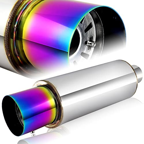Q1-TECH, Universal 4 Rainbow Burnt Tip JDM N1 Style Muffler Hi Flow Stainless Steel Weld-On 3.0 Inlet , Muffler , Removable Silencer Pre-attached , Deep and Smooth tone, Titanium Burnt Tip