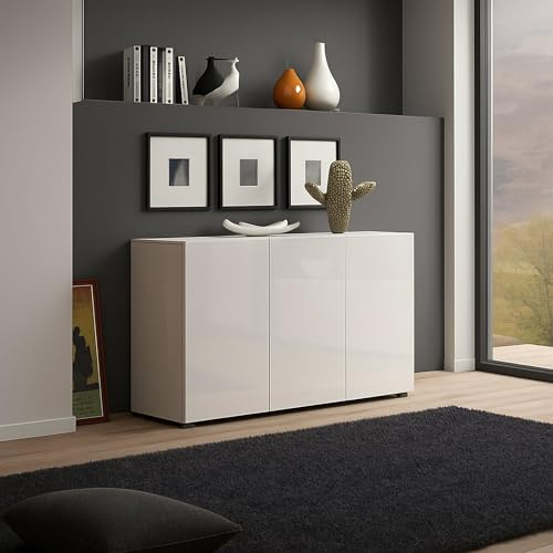 Dmora - Buffet Polokwane, Buffet du Salon, Commode de Salon, Garde-Manger de Cuisine, Made in Italy, 135x38h79 cm, Blanc Brillant