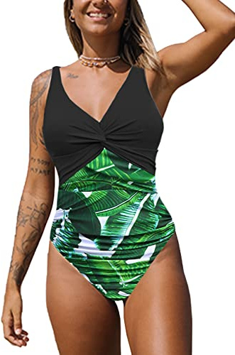 NLAND Costume Intero Donna da Contenitivo Push Up a Vita Alta Costumi con Scollo a V da Bagno Donna Beachwear dello Swimwear Imbottito (Stampato Fronte e Retro#2, M)