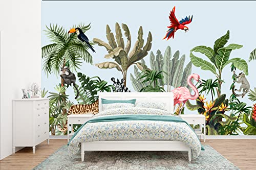 Selbstklebend Tapete Wandpapier Wandaufkleber Fototapete Tapeten Wanddeko 385x240 cm Dschungel - Flamingo - Affe - Jungen - Mädchen - Kinder