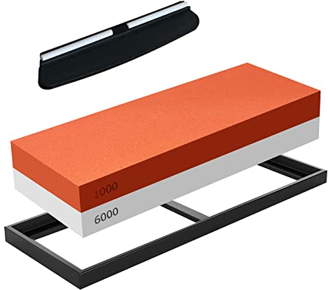 Piedra de afilar,Grano 1000/6000 Afilador de Cuchillos con Base de Silicona Antideslizante y Guía de Ángulo(Profesional 2-en-1)