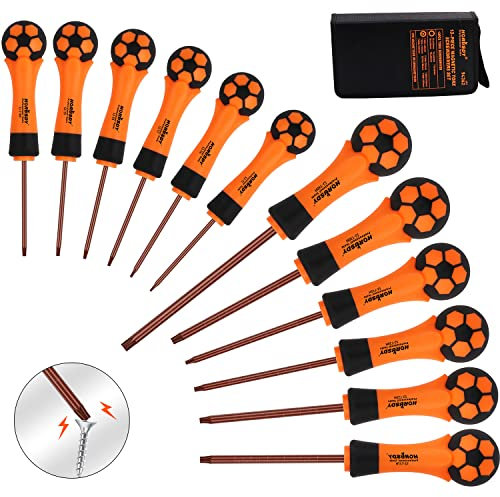 13 pcs Juego de destornilladores TORX, punta magnética, Acero S2, mango antideslizante con forma de balón de fútbol, bolsa estuche organizador, bricolaje, mueble, automovil, bicicleta, electronica