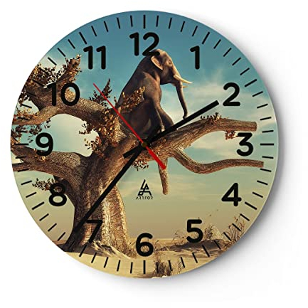 Modern Wanduhr Sitzen Elefant Baum 40x40cm Rund Groß Wand Uhr Glas Analog Zimmeruhren Küche Büro Wohnzimmer Glasuhr Wall Clock Dekoration Design Wanddekoration Küchenuhr C4AR40x40-4345