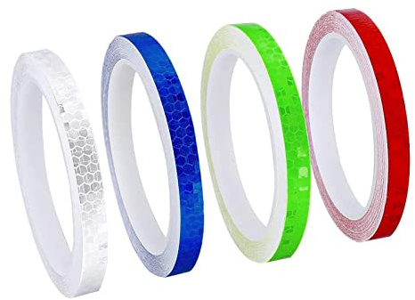 SyiXute 4 Rollos Cinta Reflectante Adhesiva,1cm x 8m Cinta de Advertencia de Seguridad,Res Istente Al Aguapegatinas Reflectantes Cinta para Vehículo Automóvile Bicicleta Ccascos (4 Color)