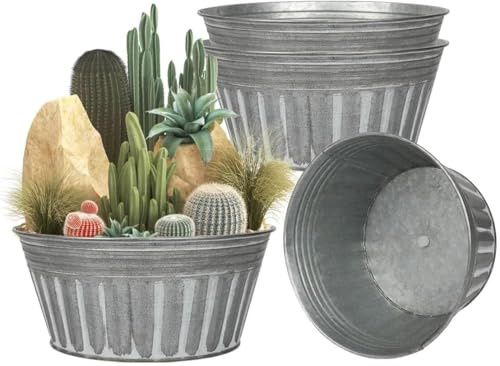 vensovo 10 Inches Silver Metal Rustic Plant Pots - 4 Pcs Large Shallow Galvanized Planters with Drain Hole and Rubber Plug, Rustproof Tin Bucket Succulent Pot Indoor Farmhouse Vintage Style for Decor