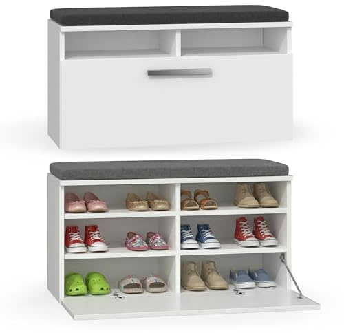 CDF Schuhschrank mit Sitzbank Sitzkissen Flurbank Schuhkommode Garderobenbank mit Kipptür 6 Fächer Flurmöbel modern Aufbewahrung Truhe für Flur Diele 85 x 35 x 46 cm - Weiß
