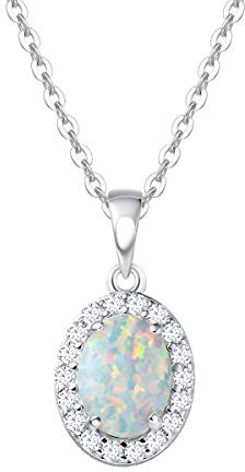FANCIME Opal Kette mit Oval Anhänger aus 925 Sterling Silber, CZ Zirkon Edelstein Halskette Schmuck Geschenk für Damen Frauen Mädchen - Kettenlänge: 40+5 cm