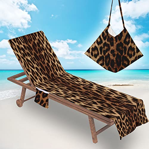 Surwin Sun Lounger Beach Towel with Pockets, 3D Leopard Print Summer Beach Chair Cover Chaise Lounge Towel Cover Mate Sunbed Towels For Holiday Garden Outdoor Pool (75x210cm,Coffee)