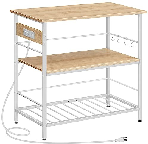 HOOBRO Kitchen Island with Storage, Kitchen Island Table with Power Outlet, 3 Tier Coffee Station and Microwave Stand, for Home, Kitchen and Dining Room, Natural and White WN021ZD01