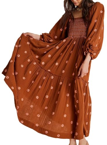 ticticlily Vestido Mujer Maxi Largo Elegante Boho Bordado Floral Vestidos de Casual Playa Vestido Manga Larga Escotado por Detrás A Marrón M