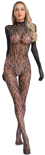 dPois Damen Bodystocking Erotische Strumpfhose Netzbody Ouvert Dessous Transparent Nylon Body Overall Ganzkörper Anzug Catsuit Erotische Nachtwäsche D Schwarz One Size